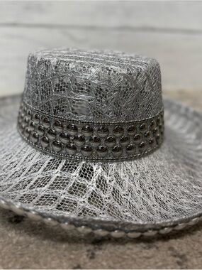 Silver Decorative Mesh Wide-Brim Hat with Studded Band by The Icing